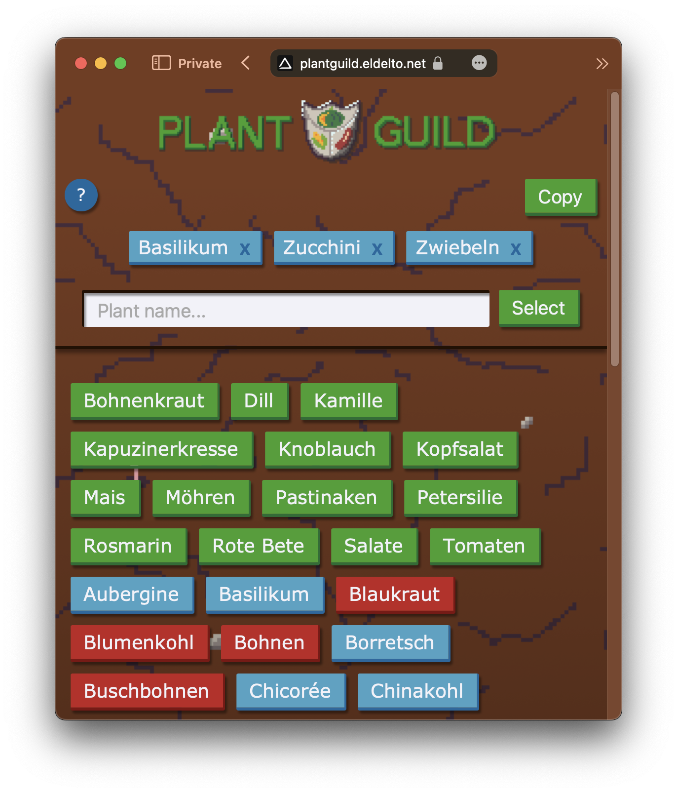 A screenshot of the home page of Plant Guild where you can select various plants.